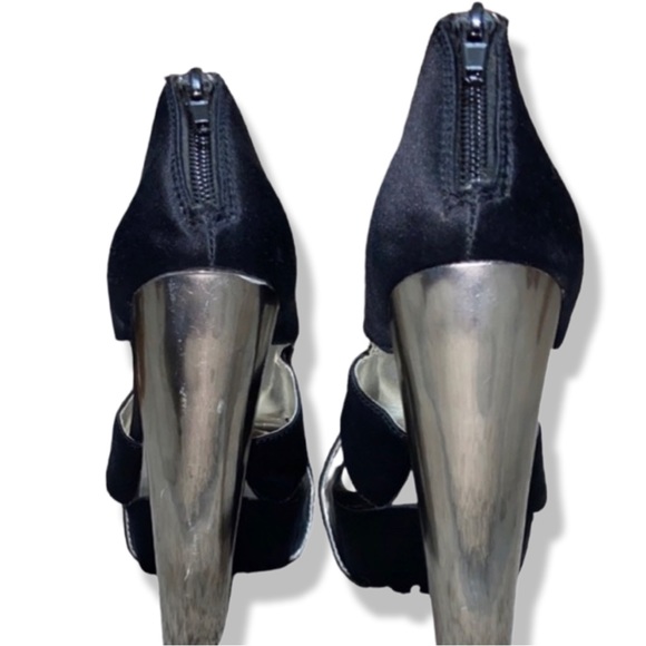 Woman's Black Satin Heels, Rhinestone's Chunky Heels,Halston Party Mirrored Heel - Picture 3 of 6